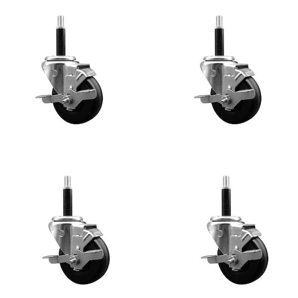 3-1/2'' Phenolic Swivel 3/4'' Expanding Stem Caster Set with Brake, 4PK